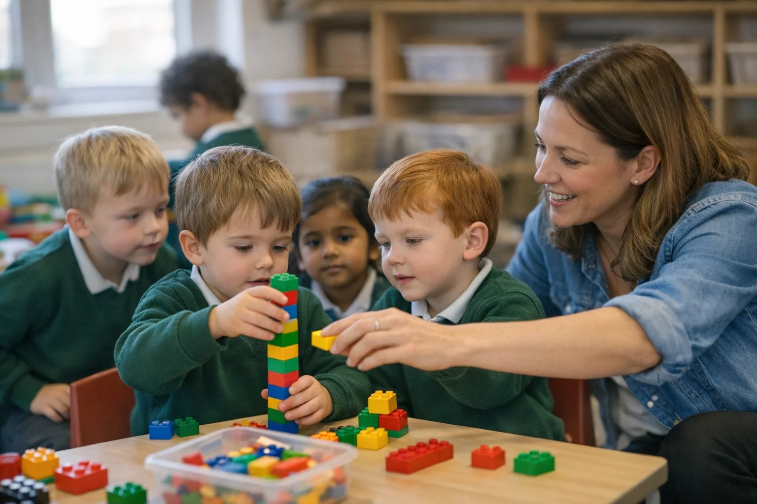 Young children aged 5-7 in green cardigans exploring learning stations, observing peers during building block activities.
