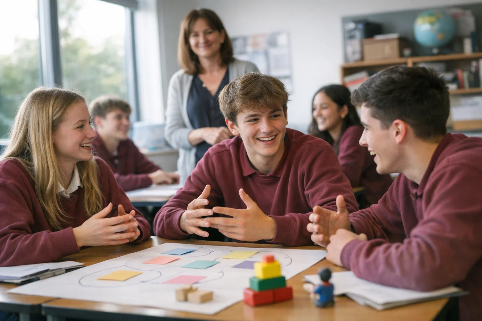 Secondary students aged 12-14 in maroon sweatshirts discuss change theories in an interactive modern classroom