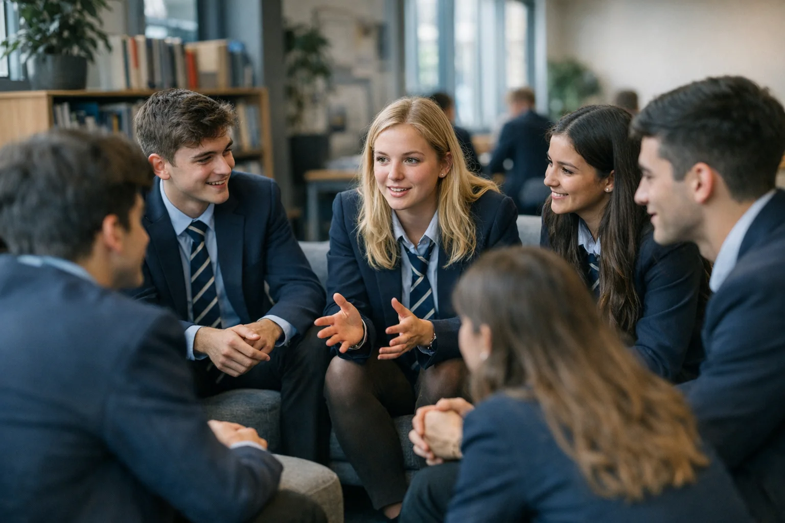 Sixth form students in navy blazers and striped ties engage in a collaborative discussion in a modern study space