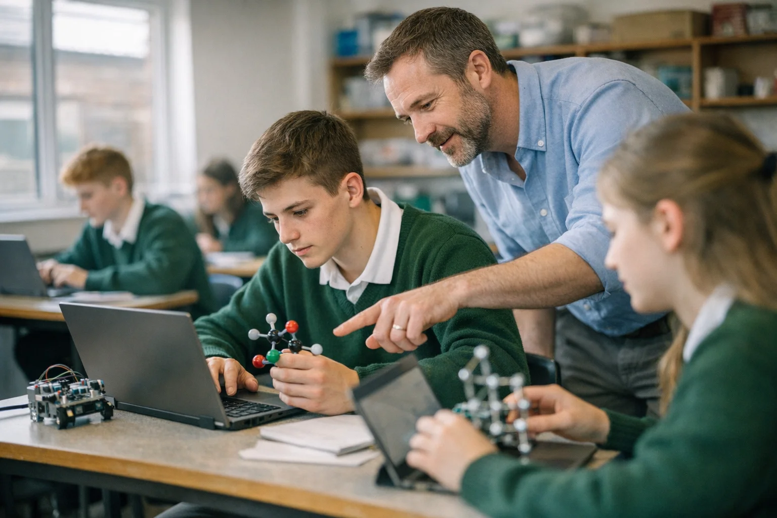 Teenagers in bottle green cardigans at individual desks engaged in inquiry-based learning with laptops and models in a GCSE classroom.