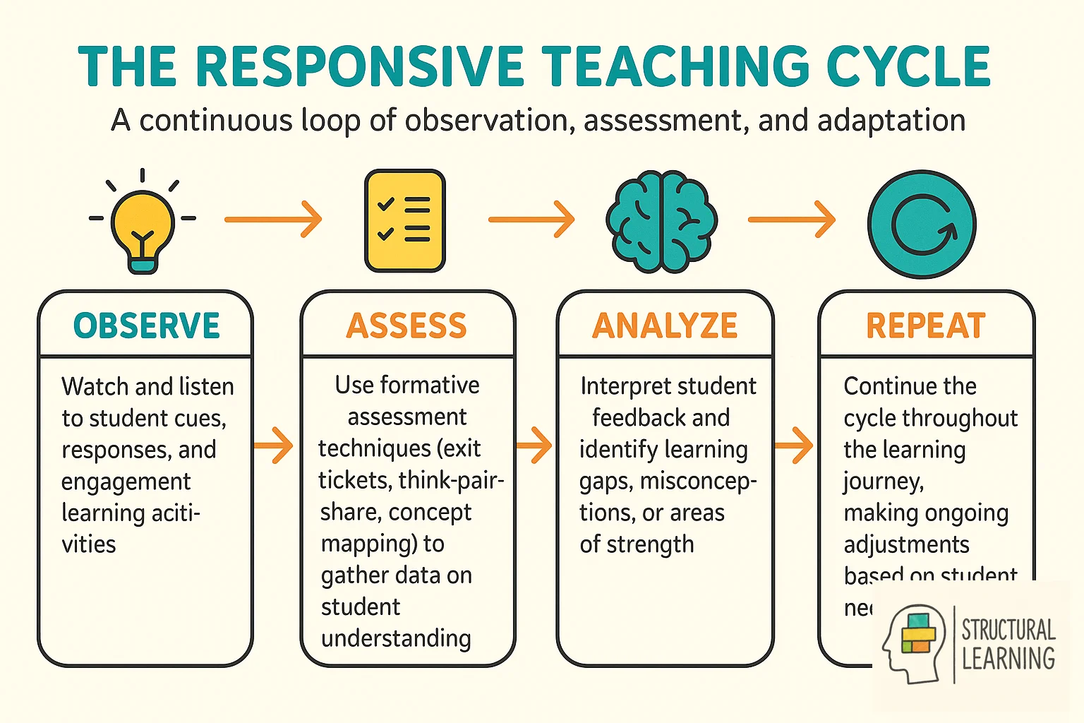 Five-step responsive teaching cycle showing continuous observation, assessment, and adaptation process