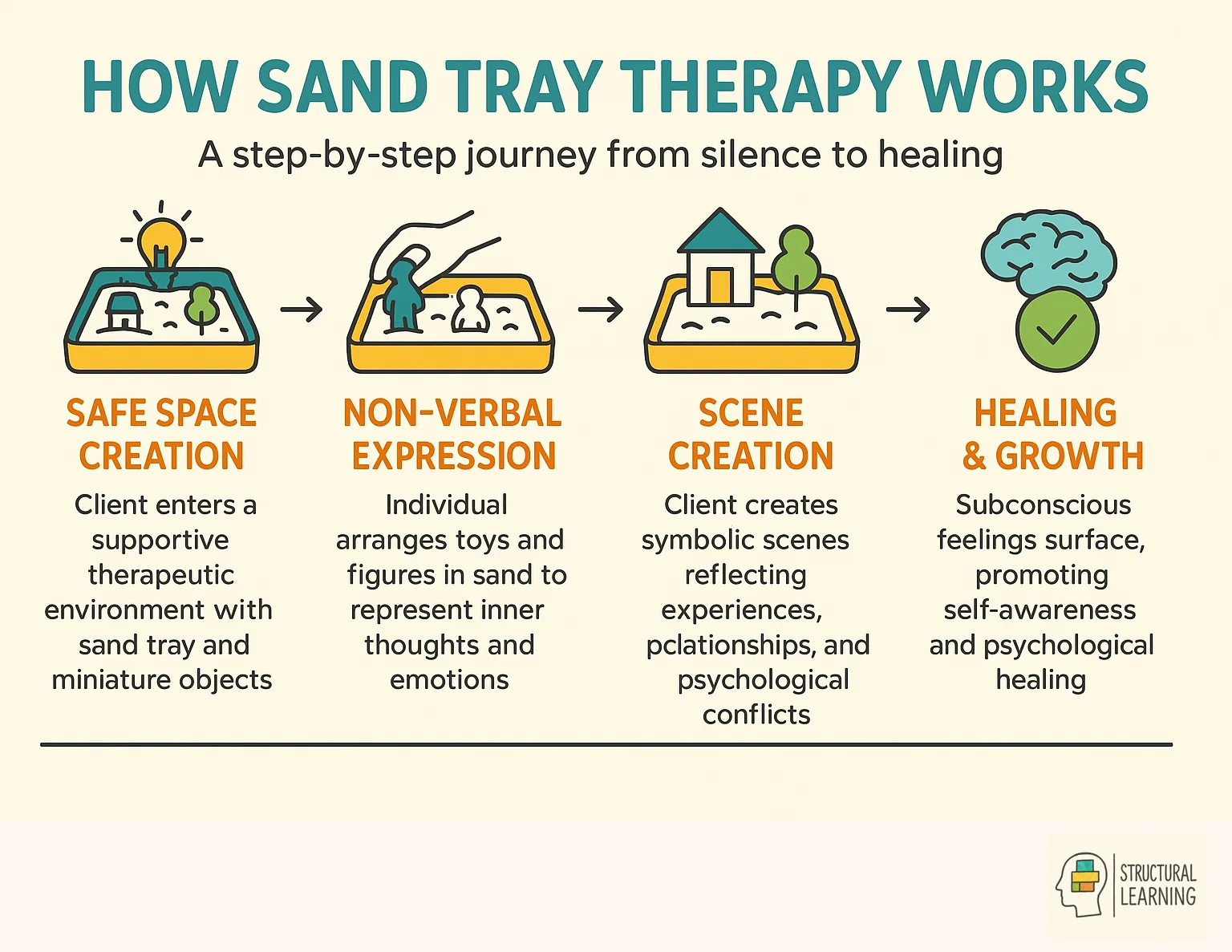 Five-step process showing how sand tray therapy works from safe space to healing