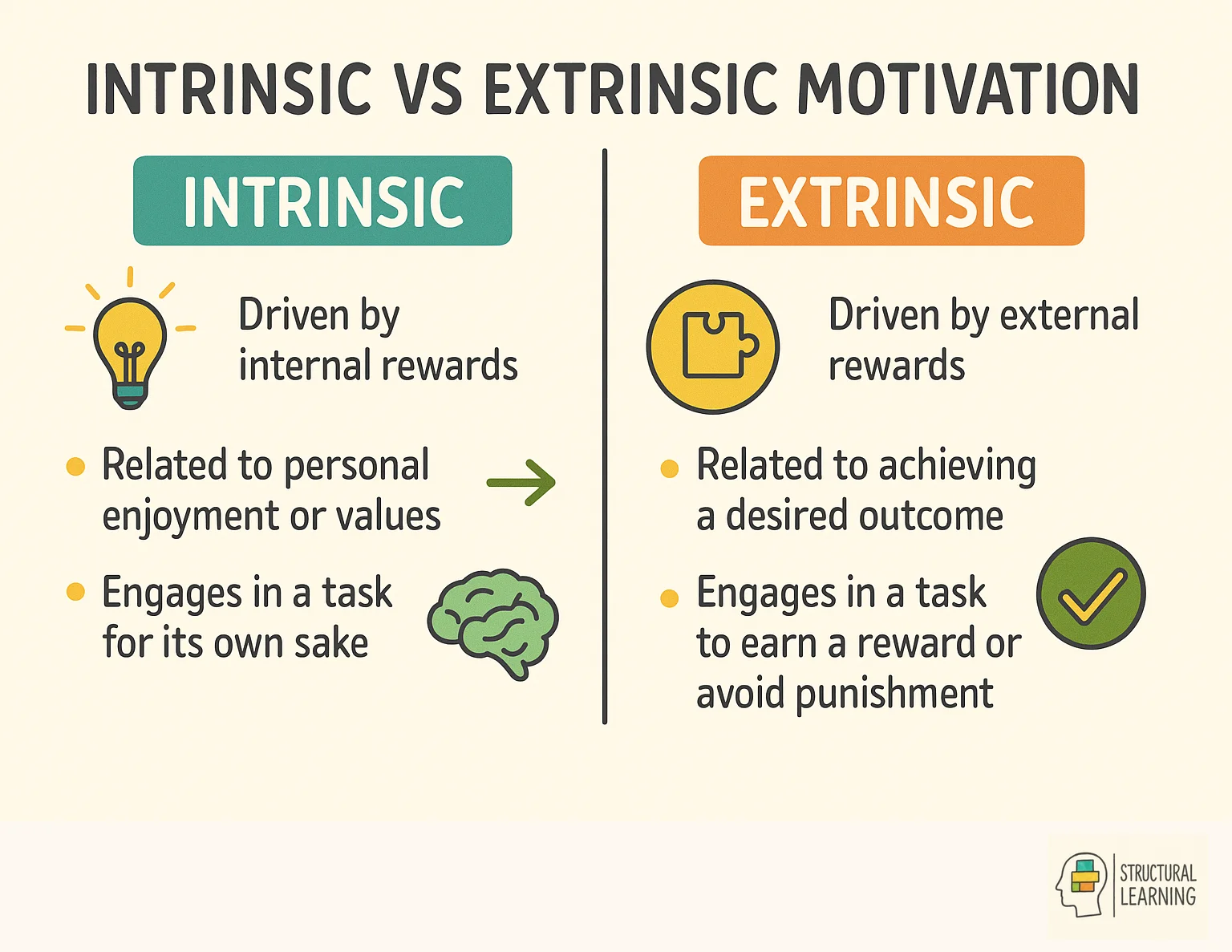 Infographic comparing intrinsic motivation driven by personal enjoyment versus extrinsic motivation