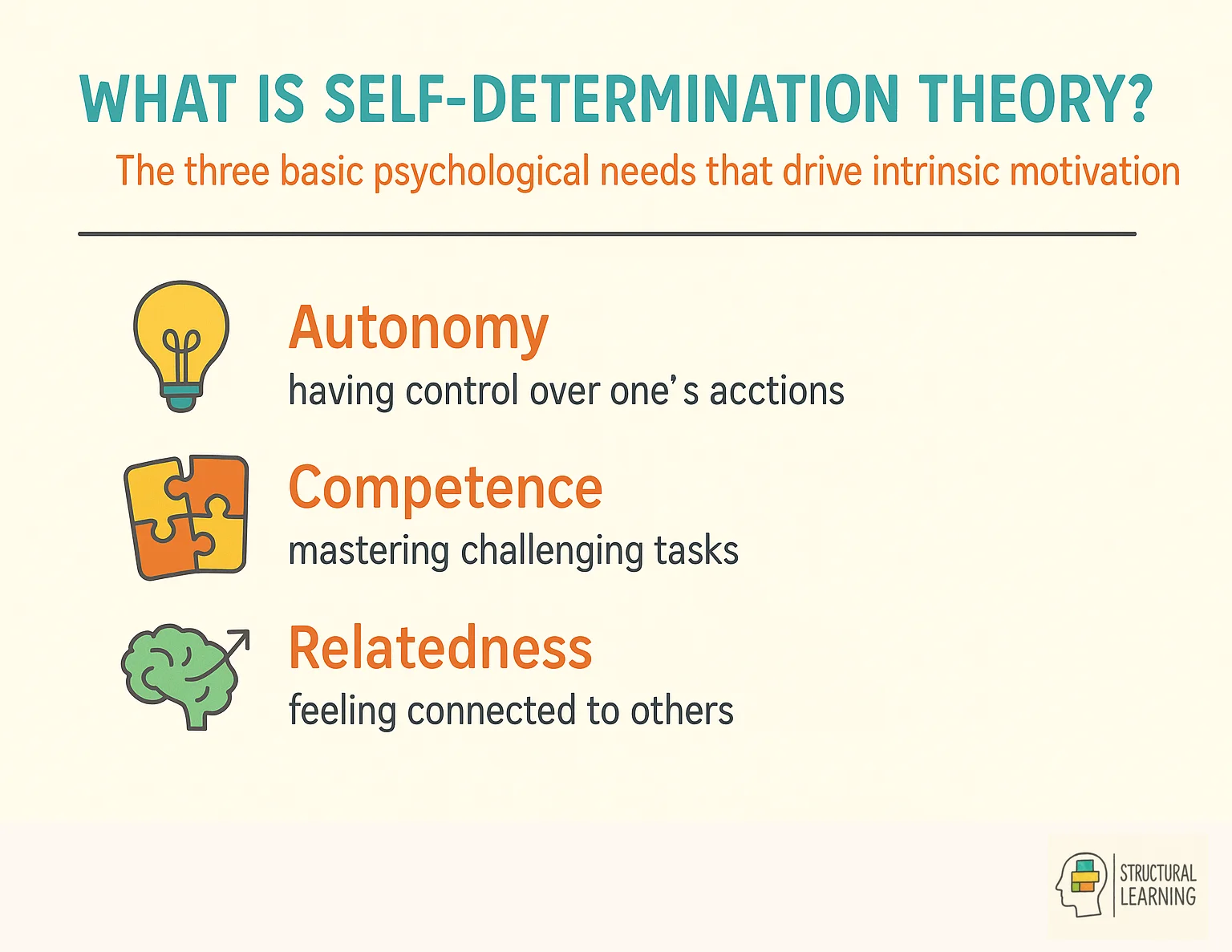 Self-Determination Theory infographic showing autonomy, competence, and relatedness as core motivation needs