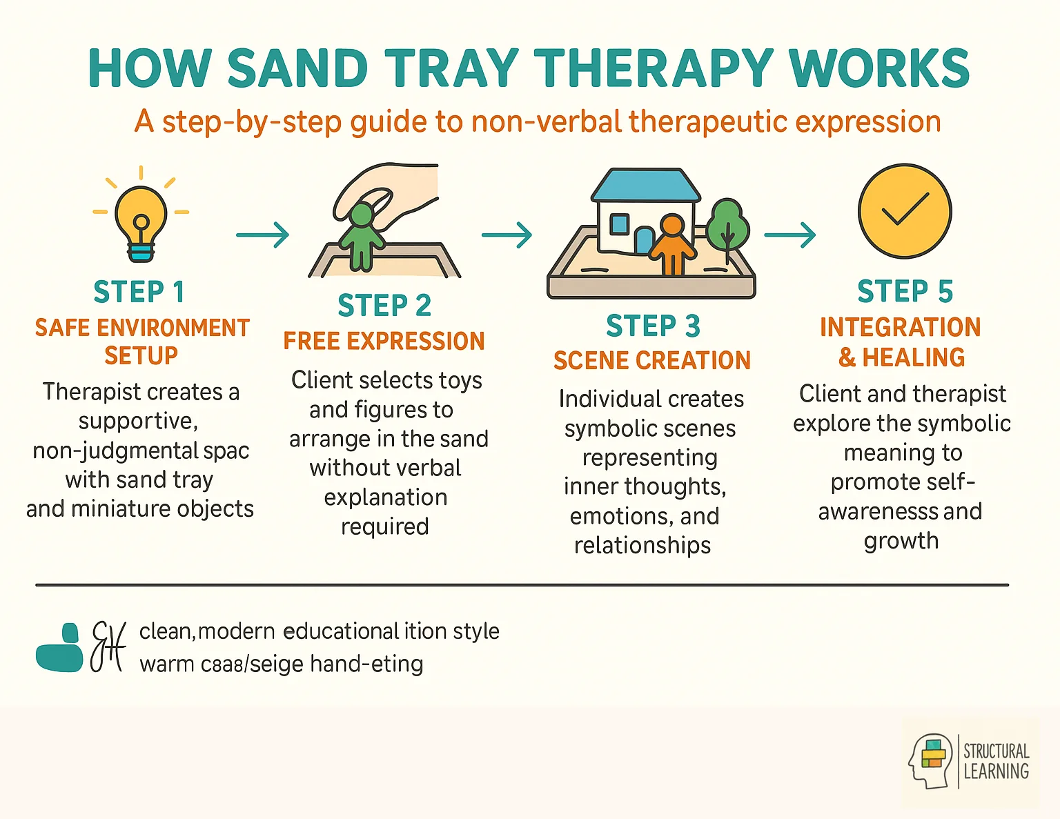 Five-step process showing how sand tray therapy works from setup to healing integration