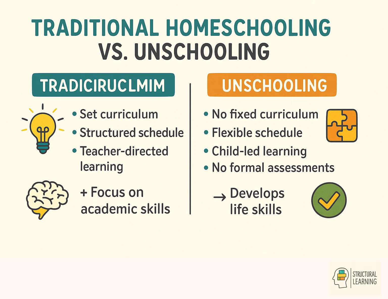 Infographic comparing traditional homeschooling methods with unschooling educational philosophy