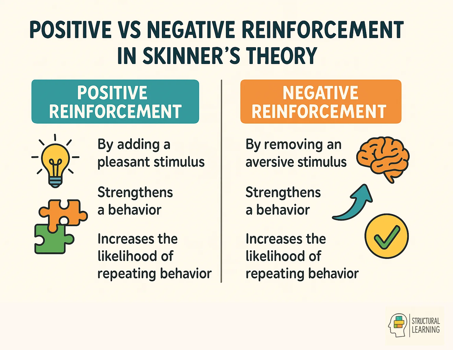 Infographic comparing positive and negative reinforcement in Skinner's behavioral theory for education
