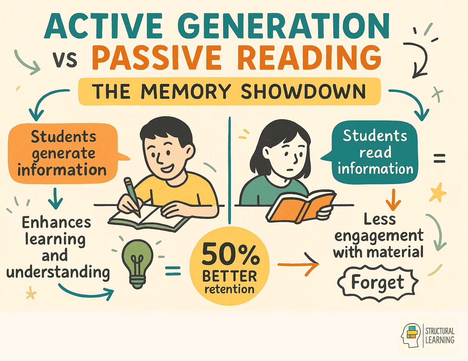Active Generation vs Passive Reading: The Memory Showdown infographic for teachers