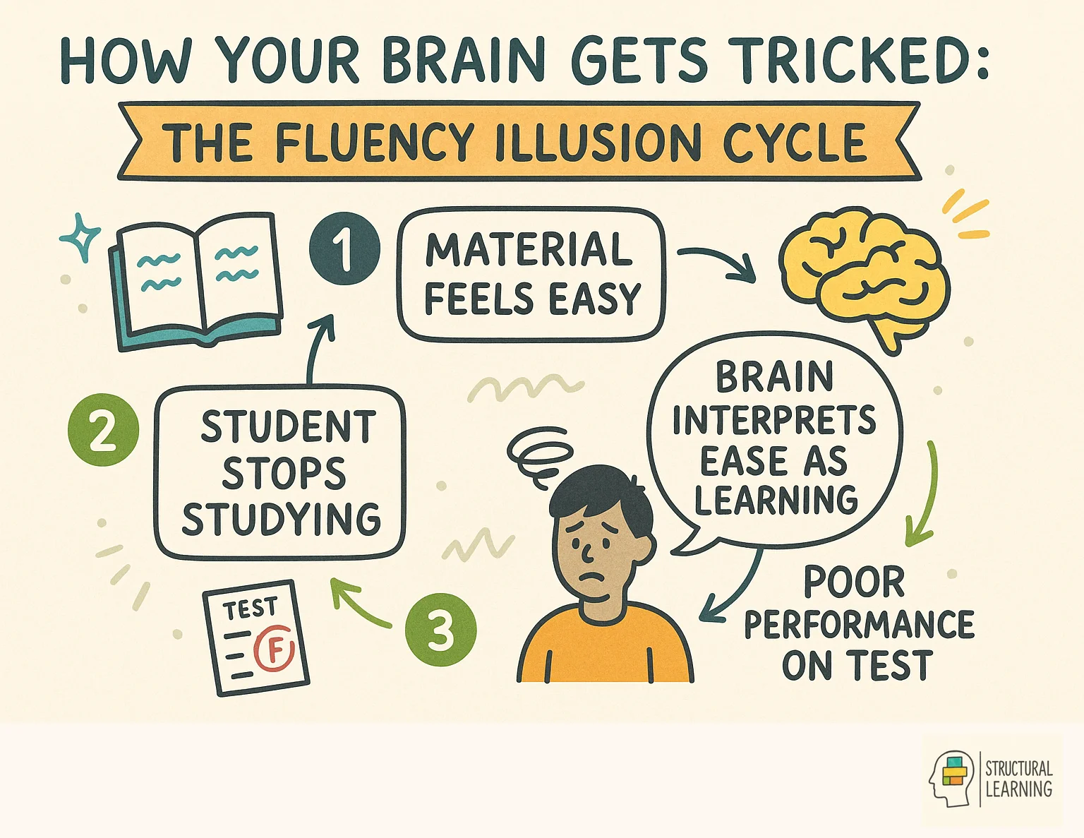 How Your Brain Gets Tricked: The Fluency Illusion Cycle infographic for teachers