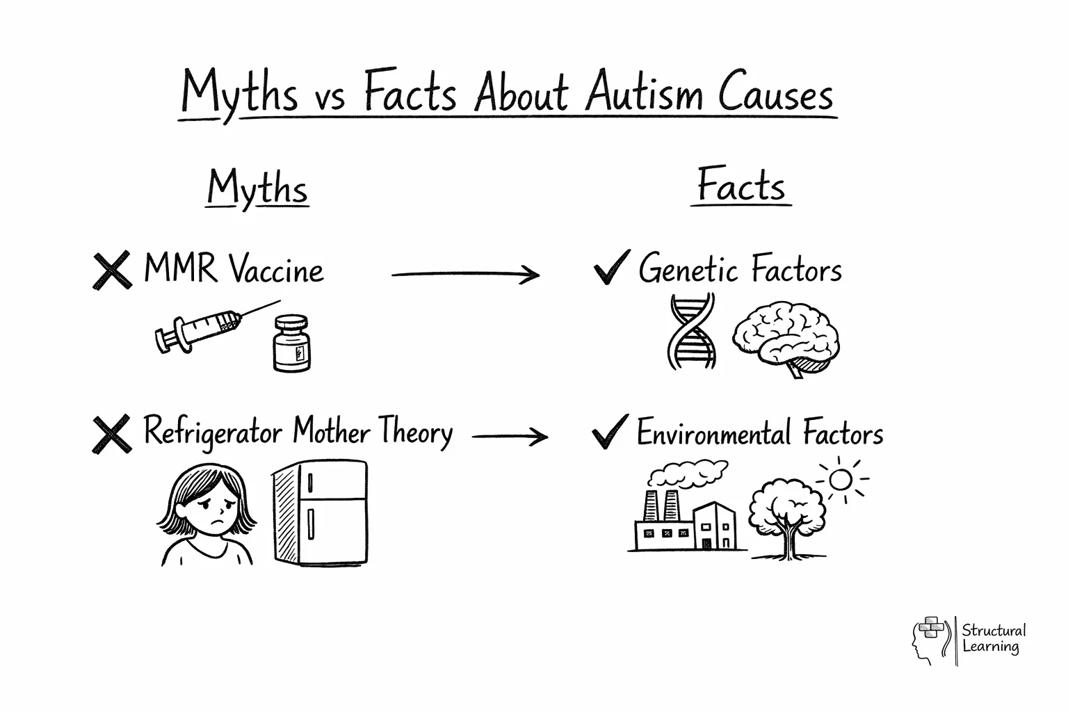 Comparison diagram showing autism myths versus scientific facts about causes