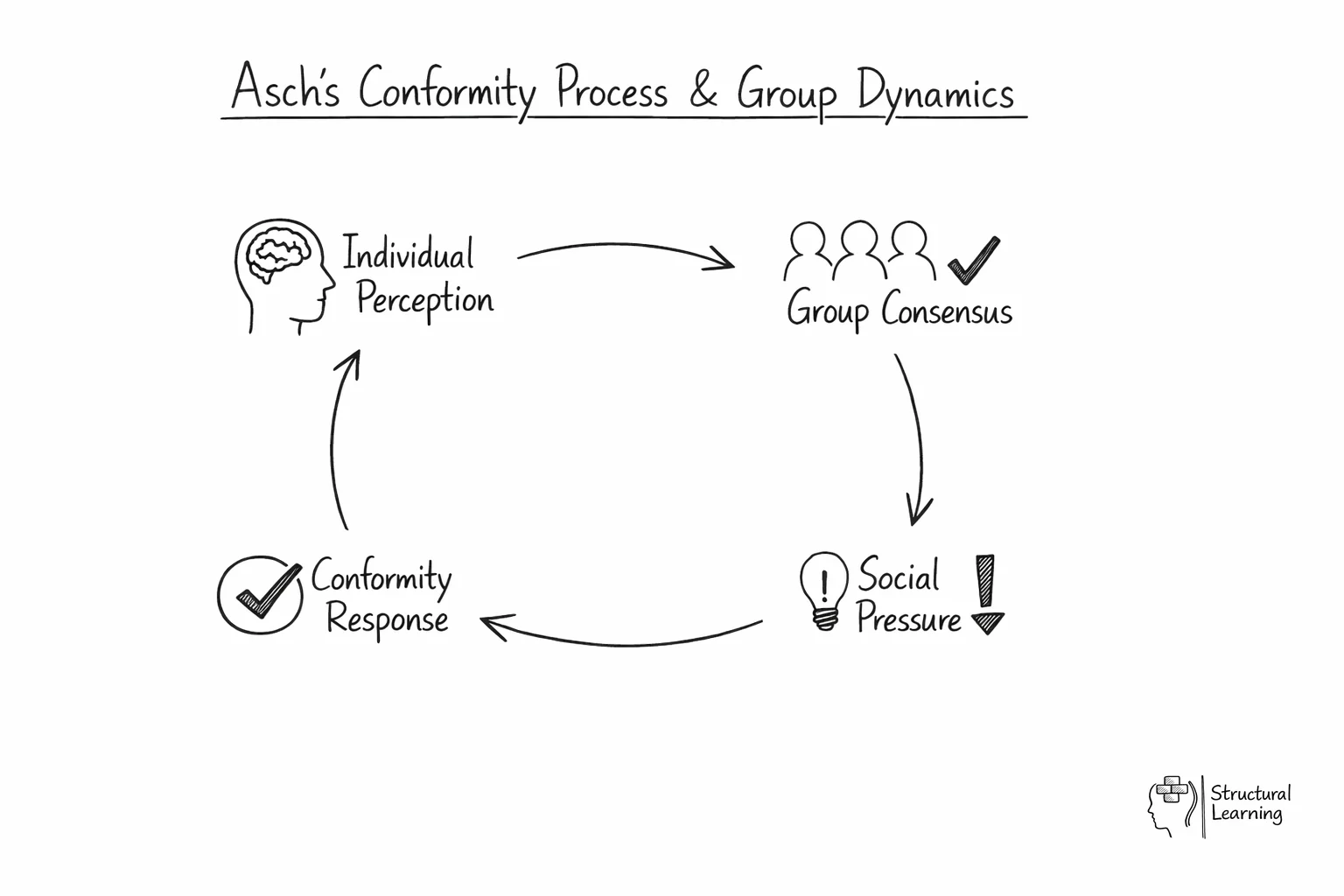 Circular diagram showing how group pressure creates conformity in Asch's theory