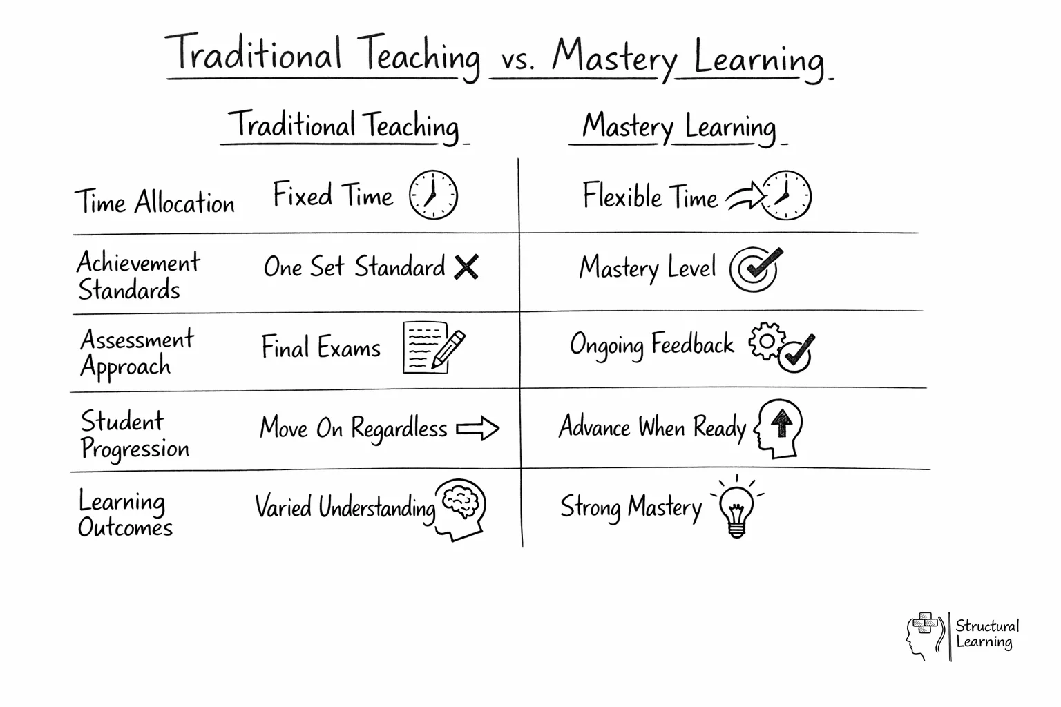 Comparison showing traditional teaching uses fixed time with variable achievement versus mastery learning's variable time with fixed achievement standards