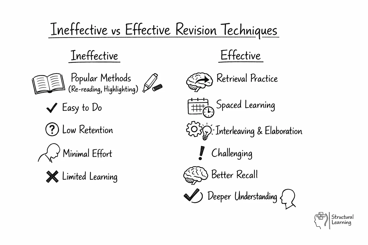Comparison chart showing ineffective revision methods vs effective evidence-based techniques