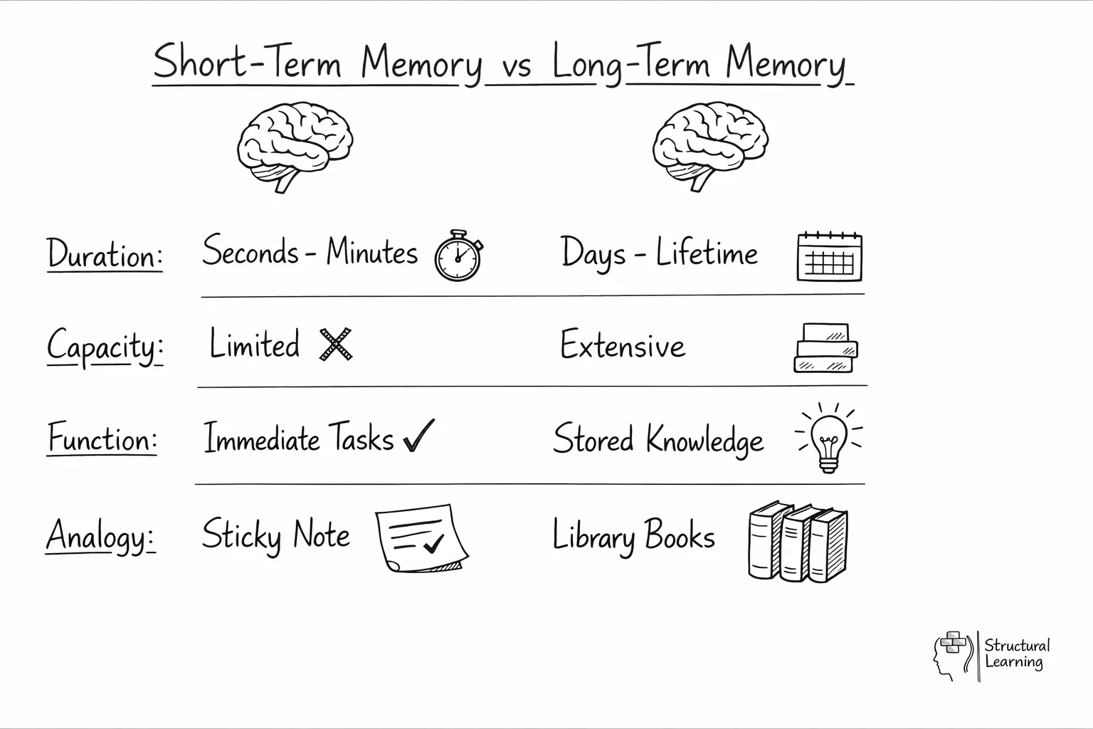 Comparison diagram showing key differences between short-term and long-term memory characteristics