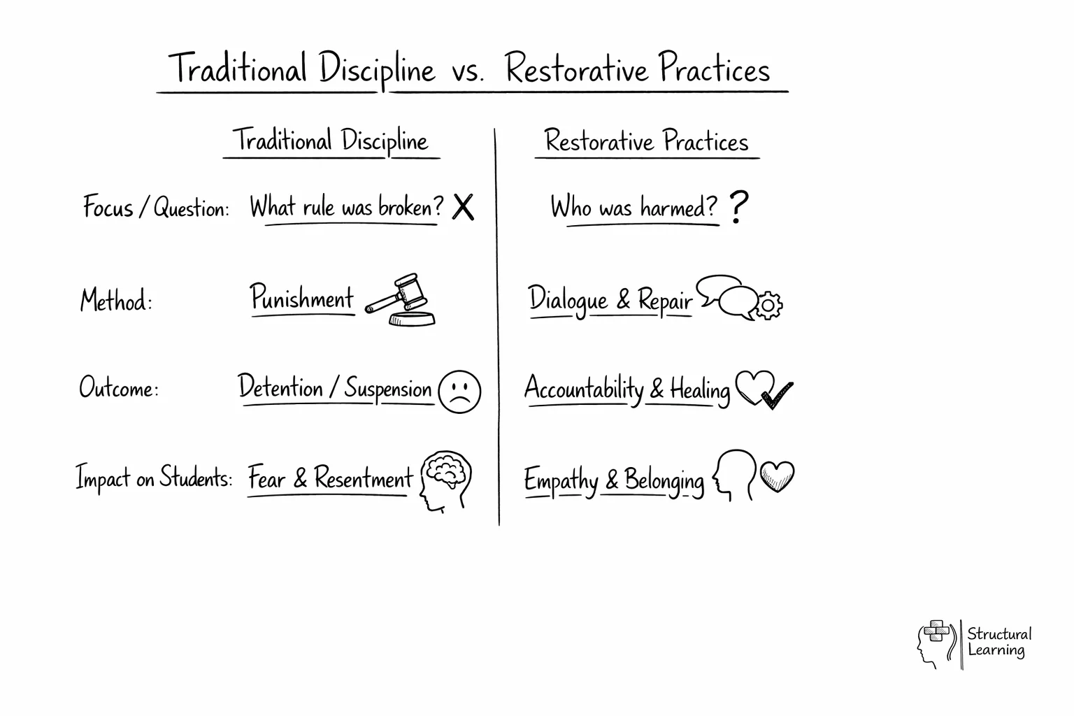Comparison chart showing traditional discipline versus restorative practices in schools