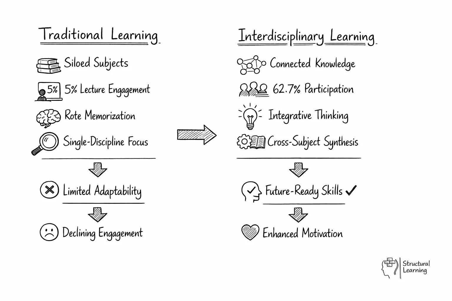 Comparison diagram showing traditional vs interdisciplinary learning methods and engagement statistics