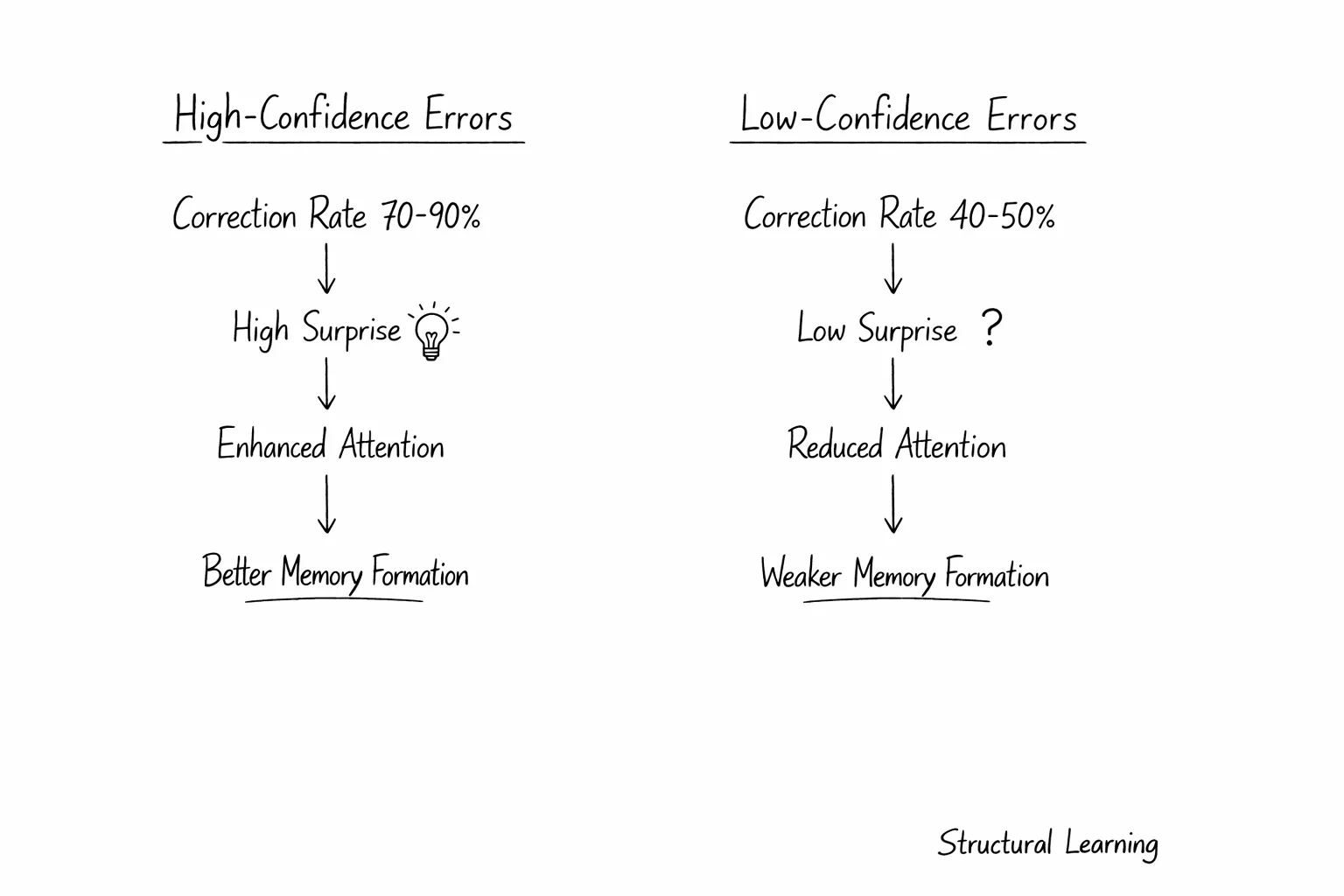 Comparison diagram showing high-confidence errors lead to better correction than low-confidence errors
