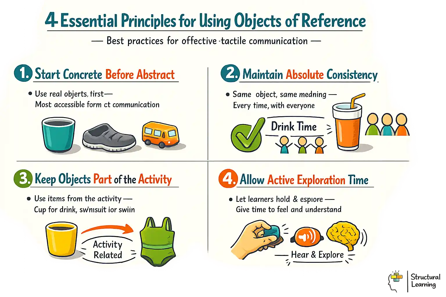 Infographic showing 4 essential principles for using Objects of Reference in tactile communication
