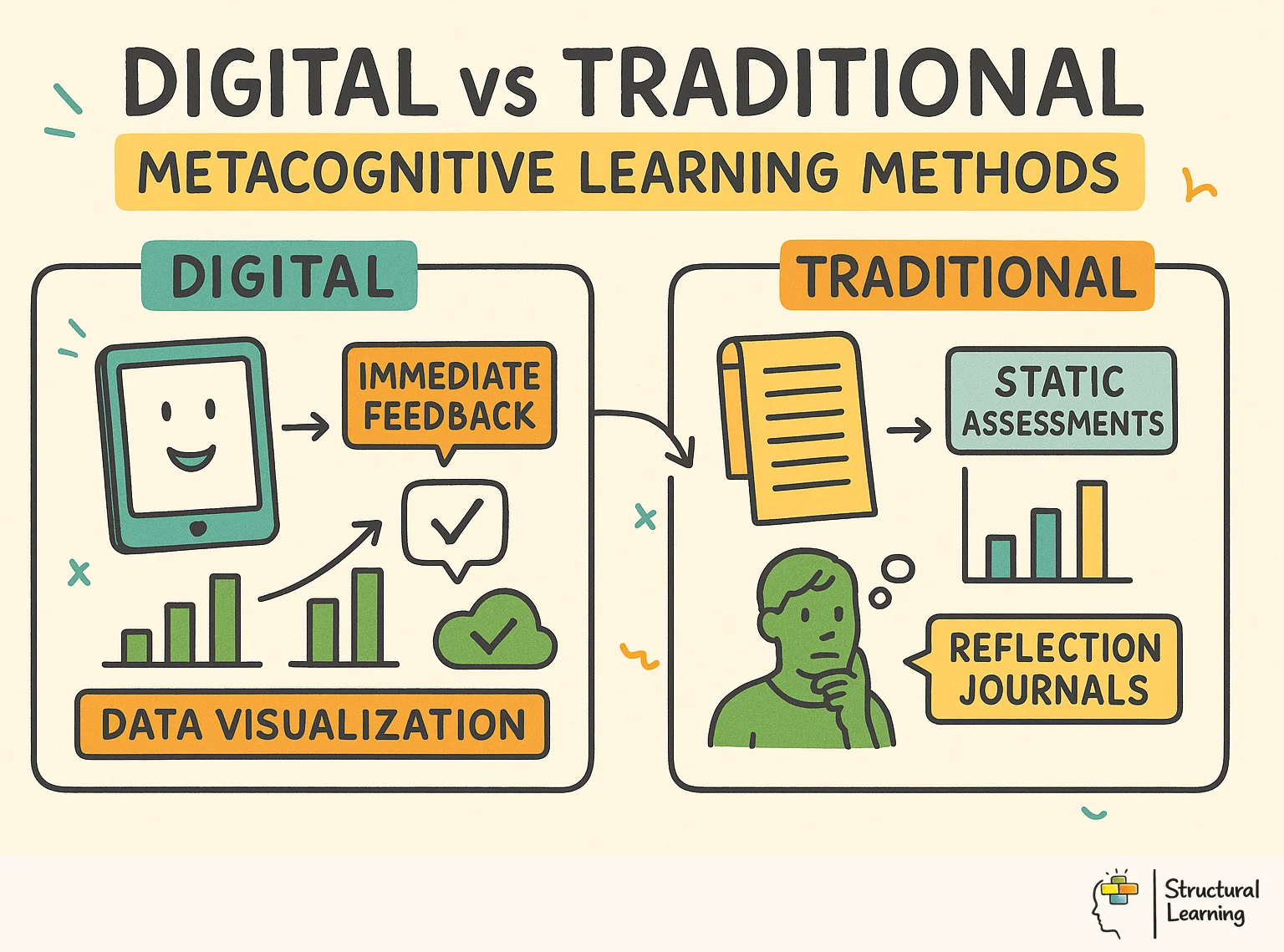 Digital vs Traditional: Metacognitive Learning Methods infographic for teachers
