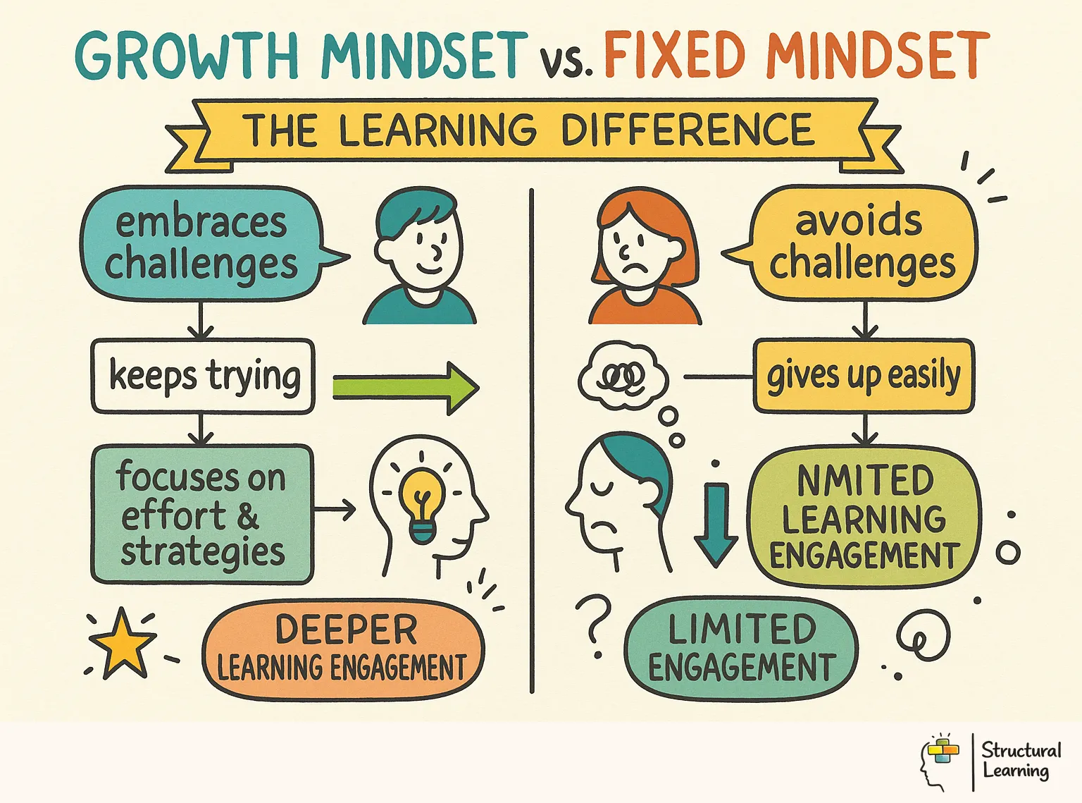 Growth Mindset vs Fixed Mindset: The Learning Difference infographic for teachers