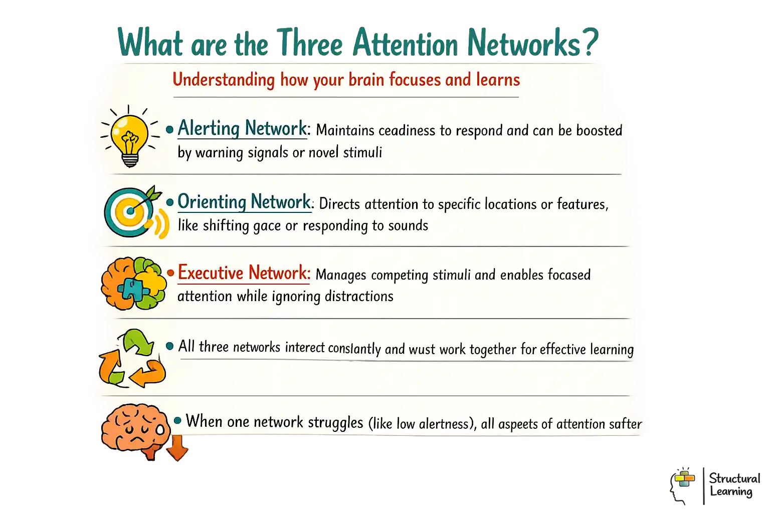 Infographic defining the three attention networks: alerting, orienting, and executive systems in learning
