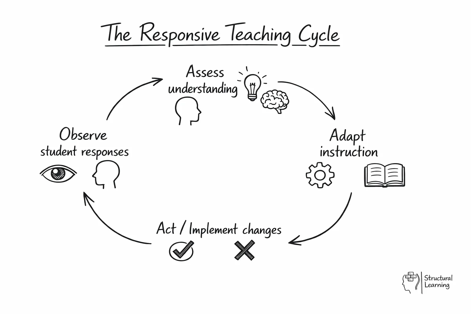 Circular diagram showing the four-stage responsive teaching cycle with connecting arrows