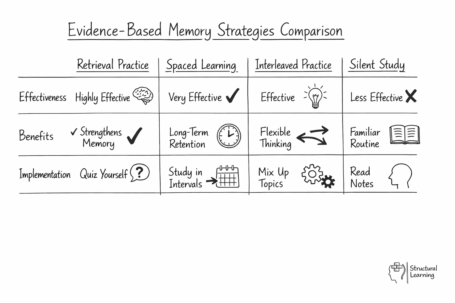 Comparison table showing four memory strategies with their effectiveness levels and benefits