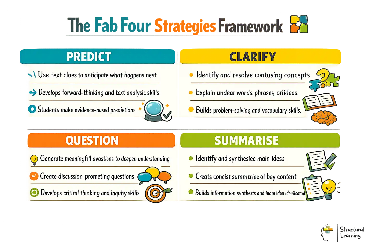 Fab Four reciprocal reading strategies framework showing predict, clarify, question, and summarise methods
