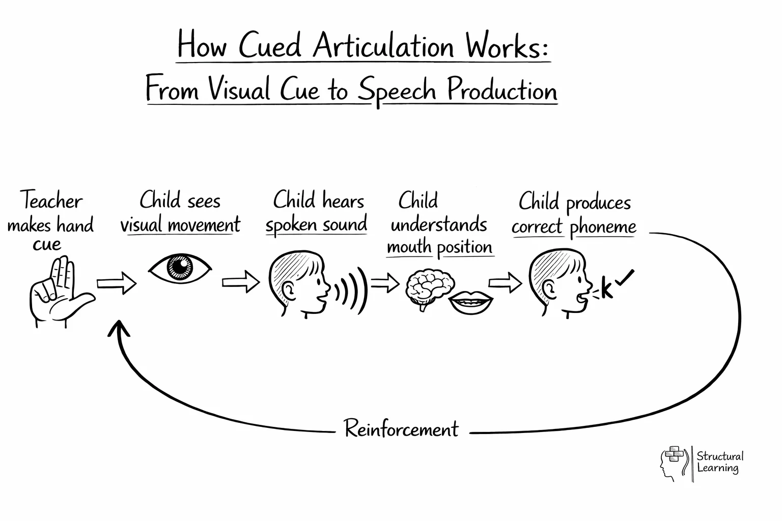 Cued Articulation process flow diagram showing 5 steps from hand cue to speech production