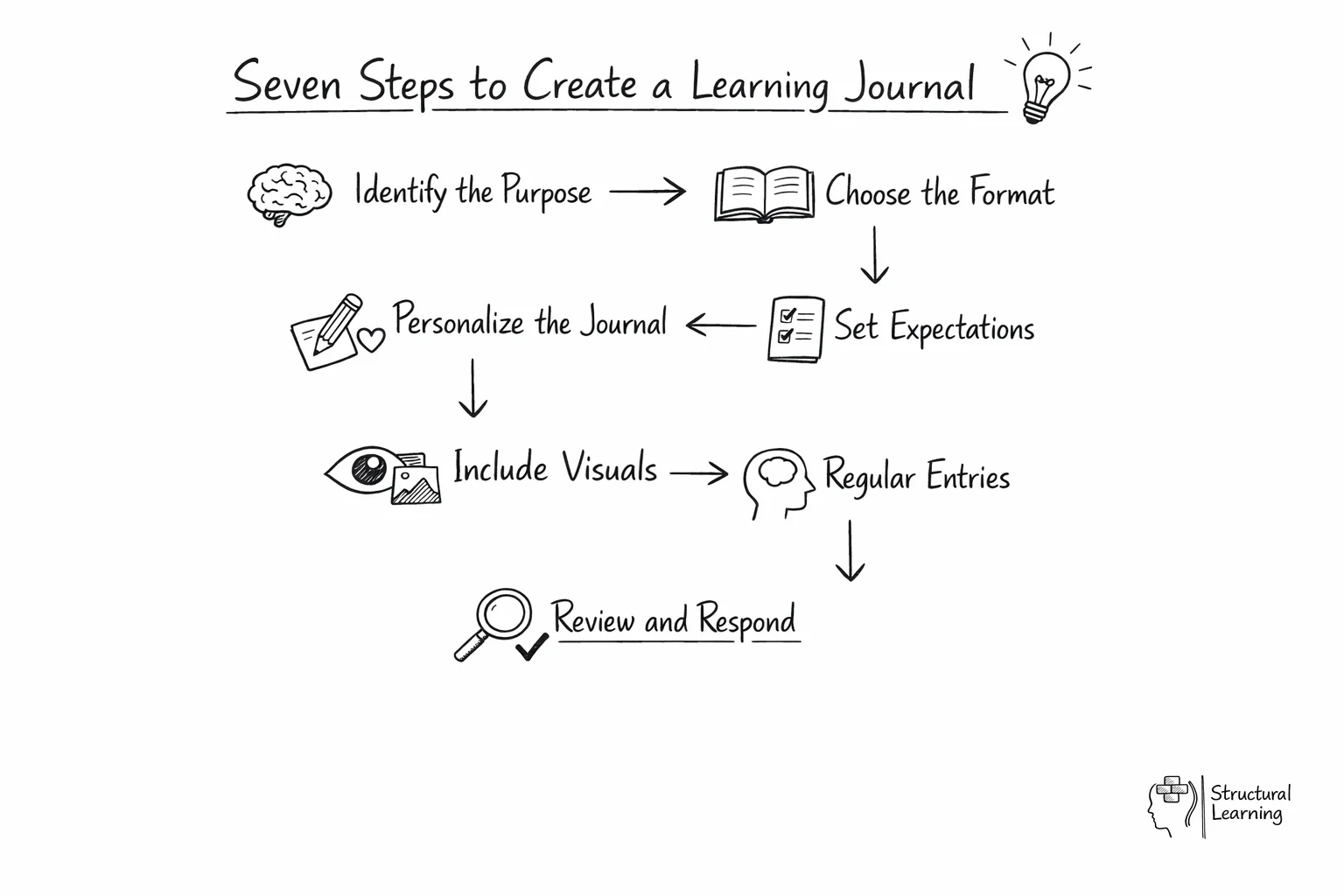 Flow diagram showing 7 sequential steps for creating learning journals, from purpose to review