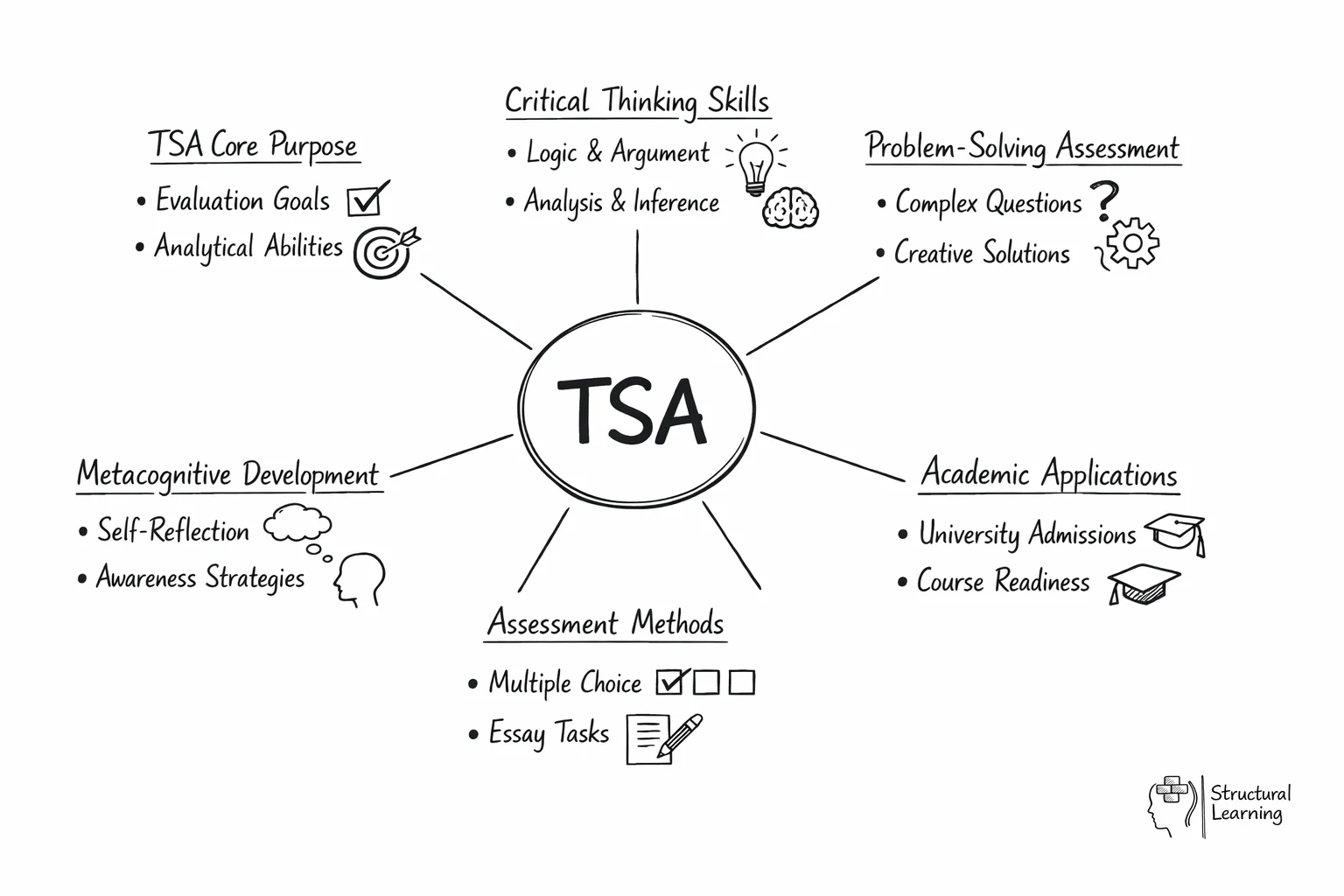 Hub-and-spoke diagram showing TSA at center connected to six key components