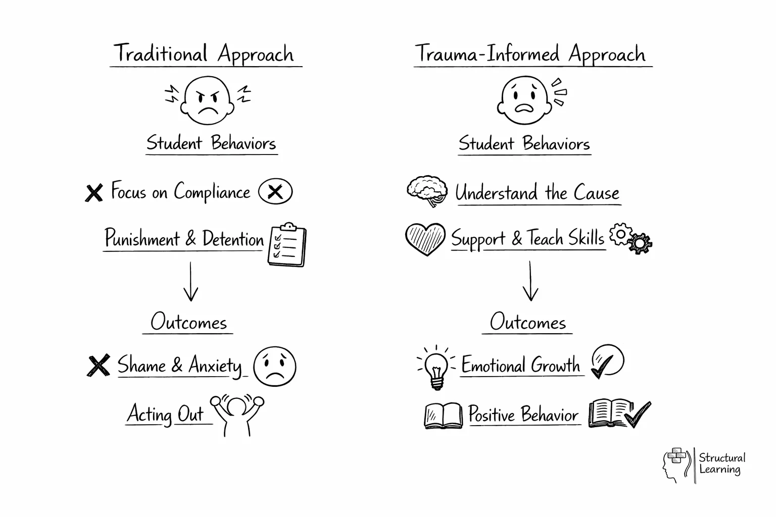Comparison diagram showing traditional discipline vs trauma-informed responses to student behaviour