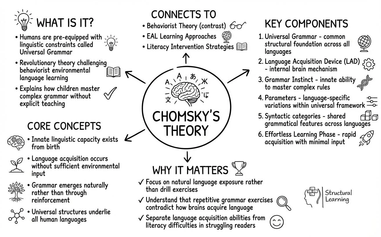Chomsky's language acquisition theory concept map showing universal grammar, language acquisition device, and natural learning
