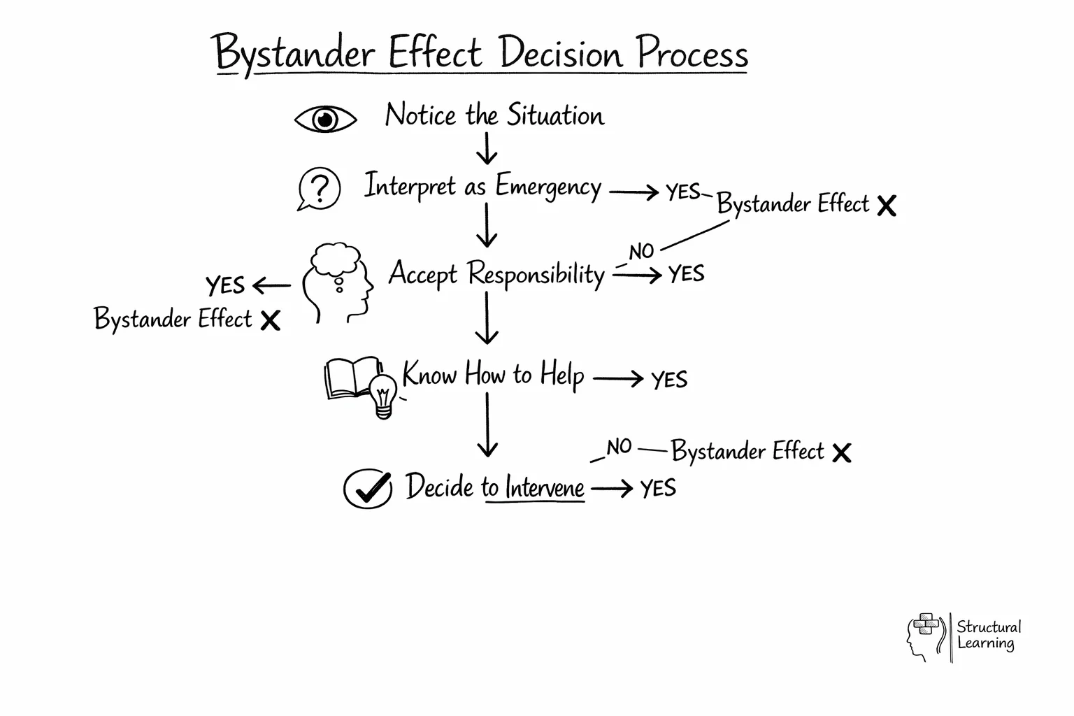 Bystander effect decision process flow diagram showing five steps from noticing emergency to intervention
