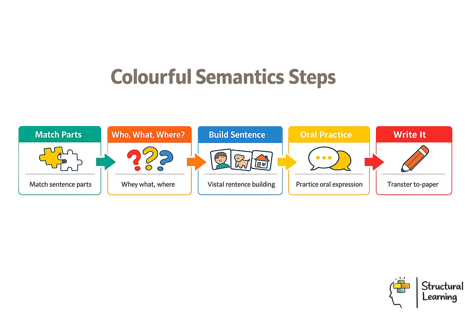Colourful Semantics process infographic showing 5 steps for colour-coded sentence building in education