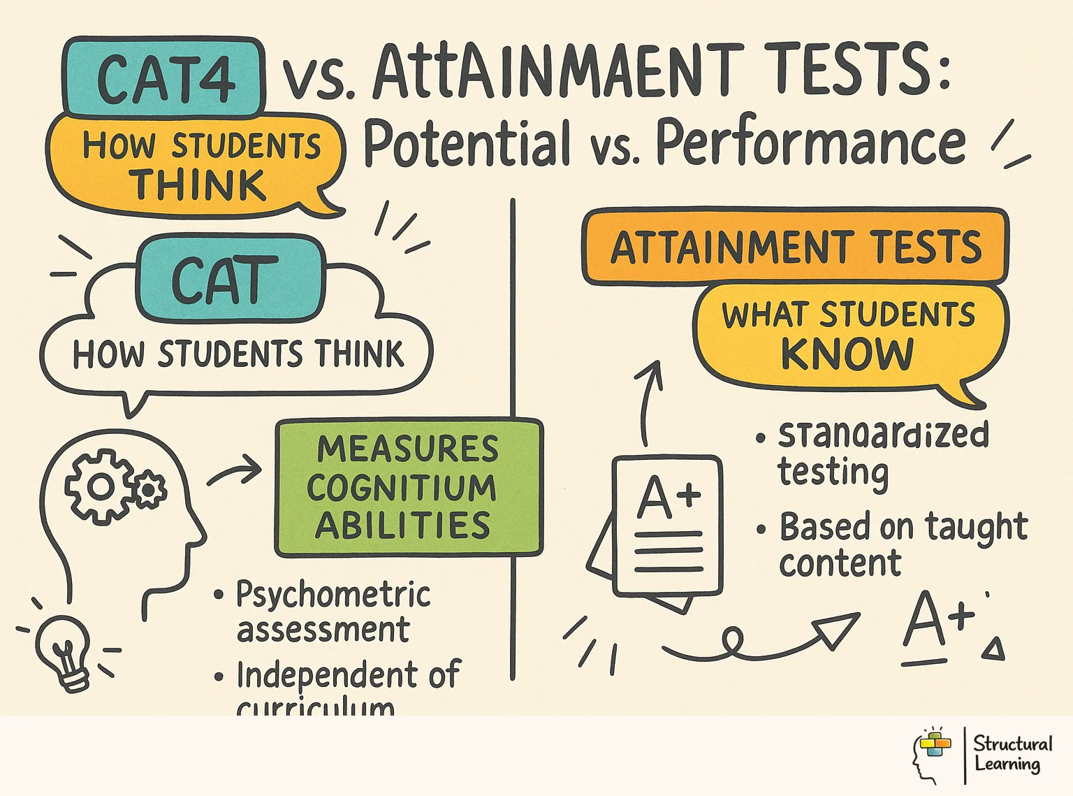 CAT4 vs. Attainment Tests: Potential vs. Performance infographic for teachers
