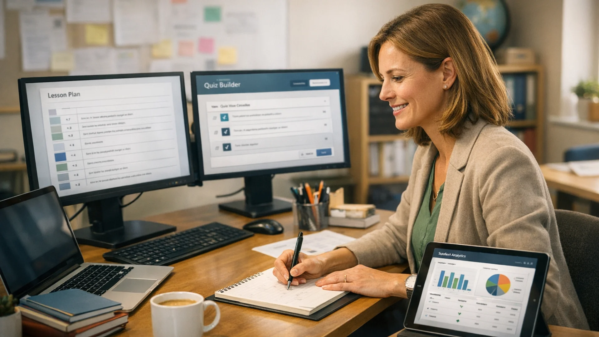 Teacher using multiple AI-powered educational tools for lesson planning and assessment