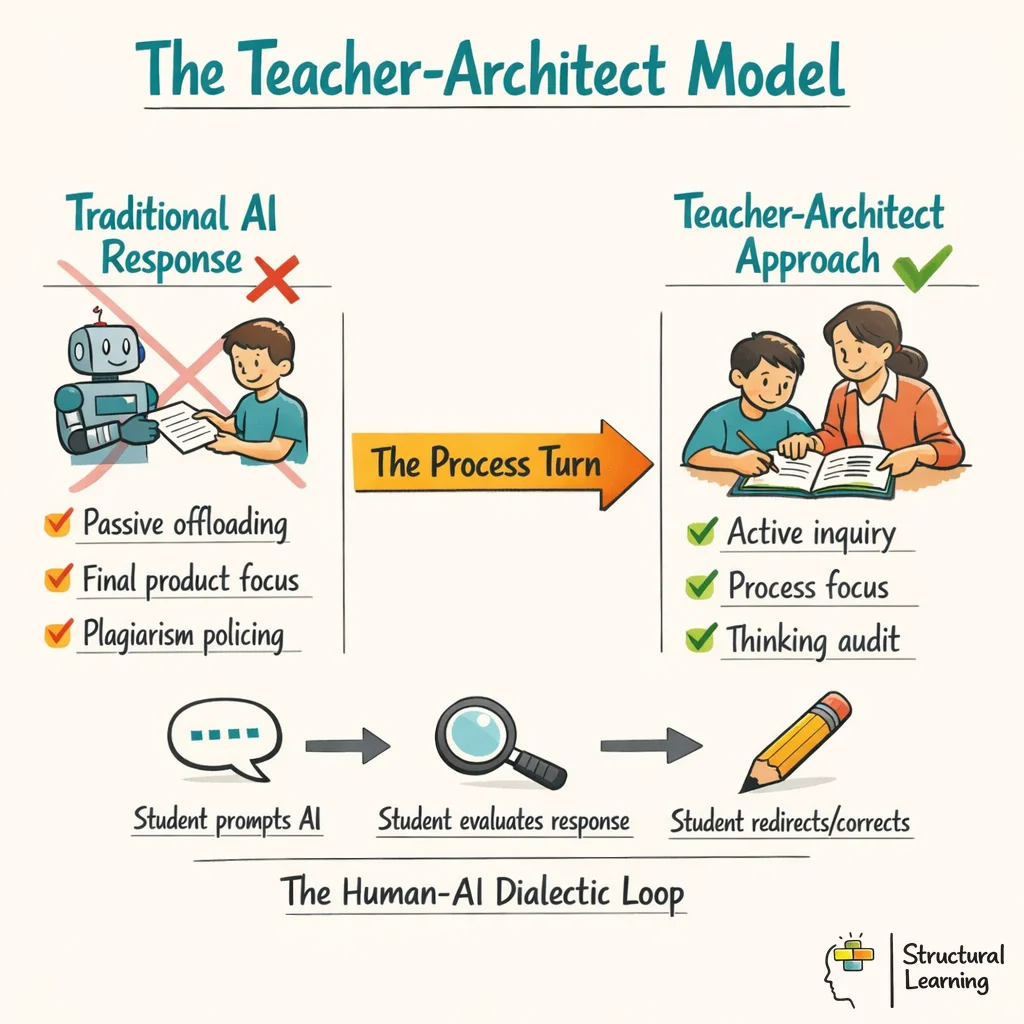 The Teacher-Architect Model: comparing traditional AI response with the Teacher-Architect approach using the Human-AI Dialectic Loop