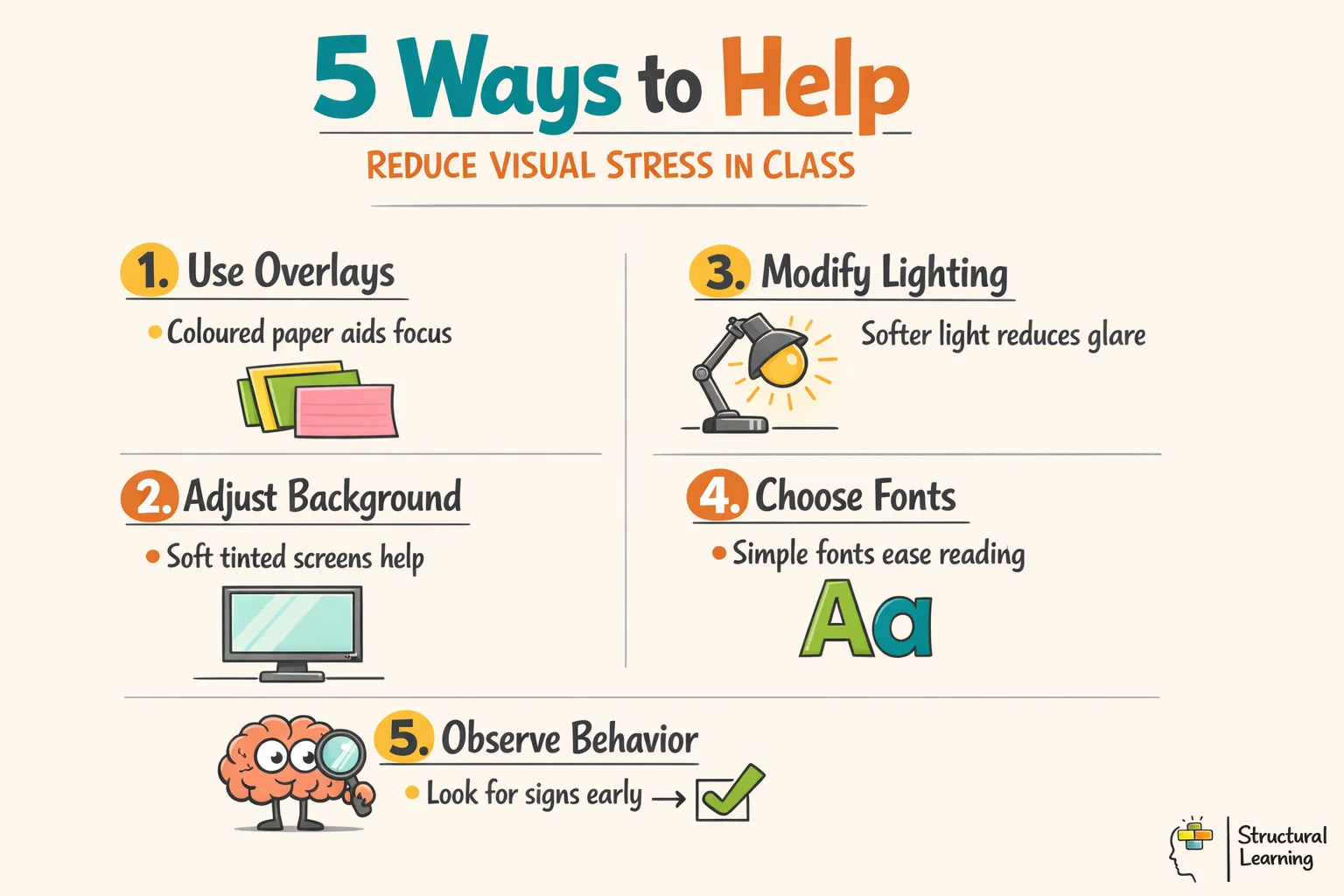 Infographic showing 5 practical tips teachers can use to reduce visual stress caused by Irlen Syndrome in students.