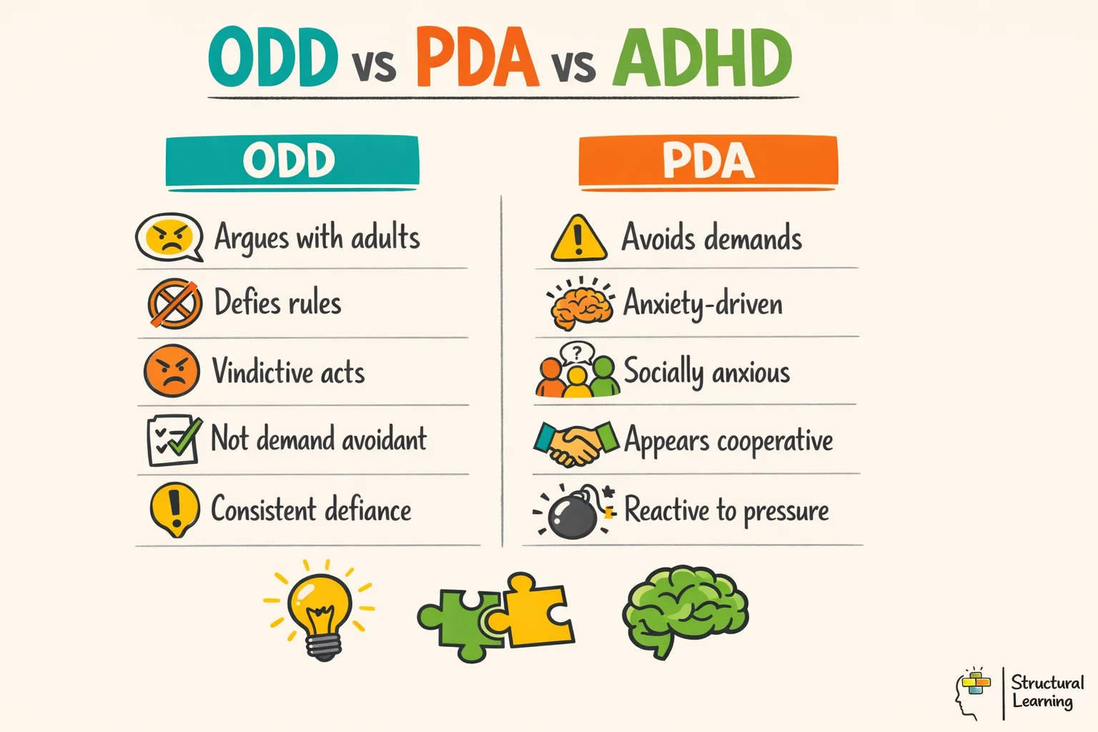 Infographic comparing Oppositional Defiant Disorder and Pathological Demand Avoidance highlighting key behavioural differences