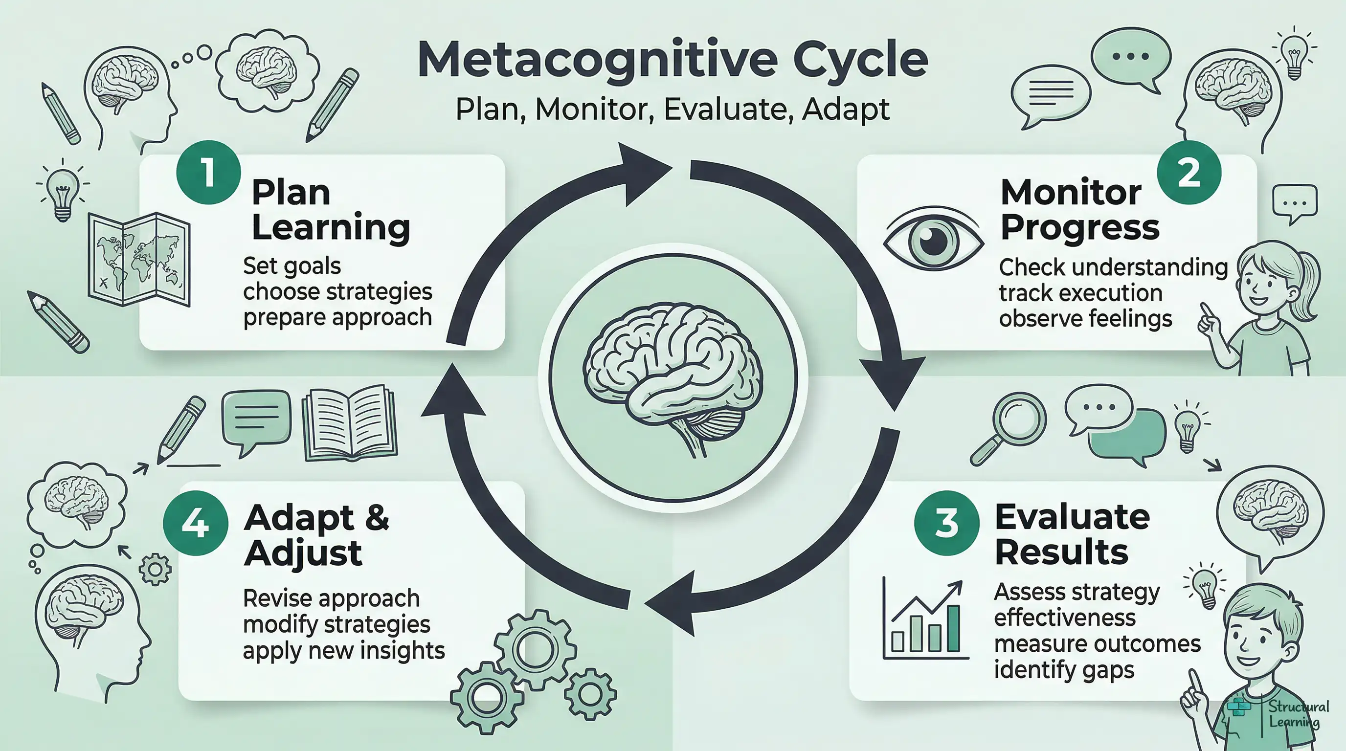 Infographic showing the Metacognitive Cycle: Plan Learning, Monitor Progress, Evaluate Results, and Adapt & Adjust strategies for effective self-regulation.