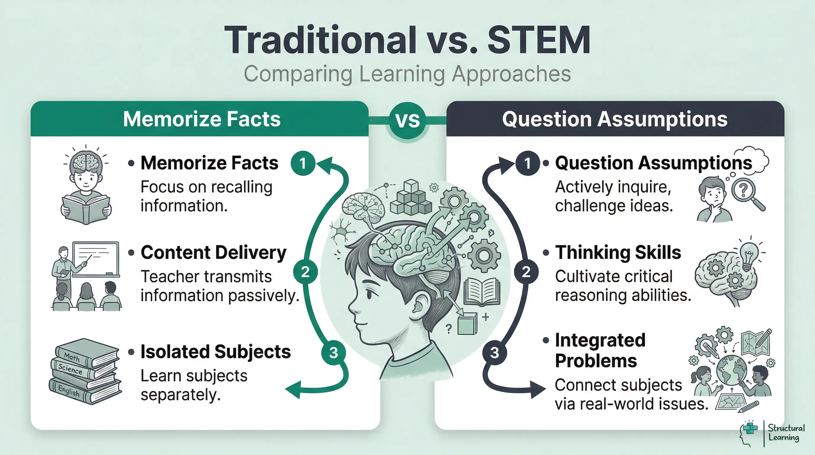Infographic comparing Traditional Education on the left with STEM Education on the right. Traditional focuses on memorising facts, content delivery, and isolated subjects. STEM focuses on questioning assumptions, developing thinking skills, and solving integrated problems.