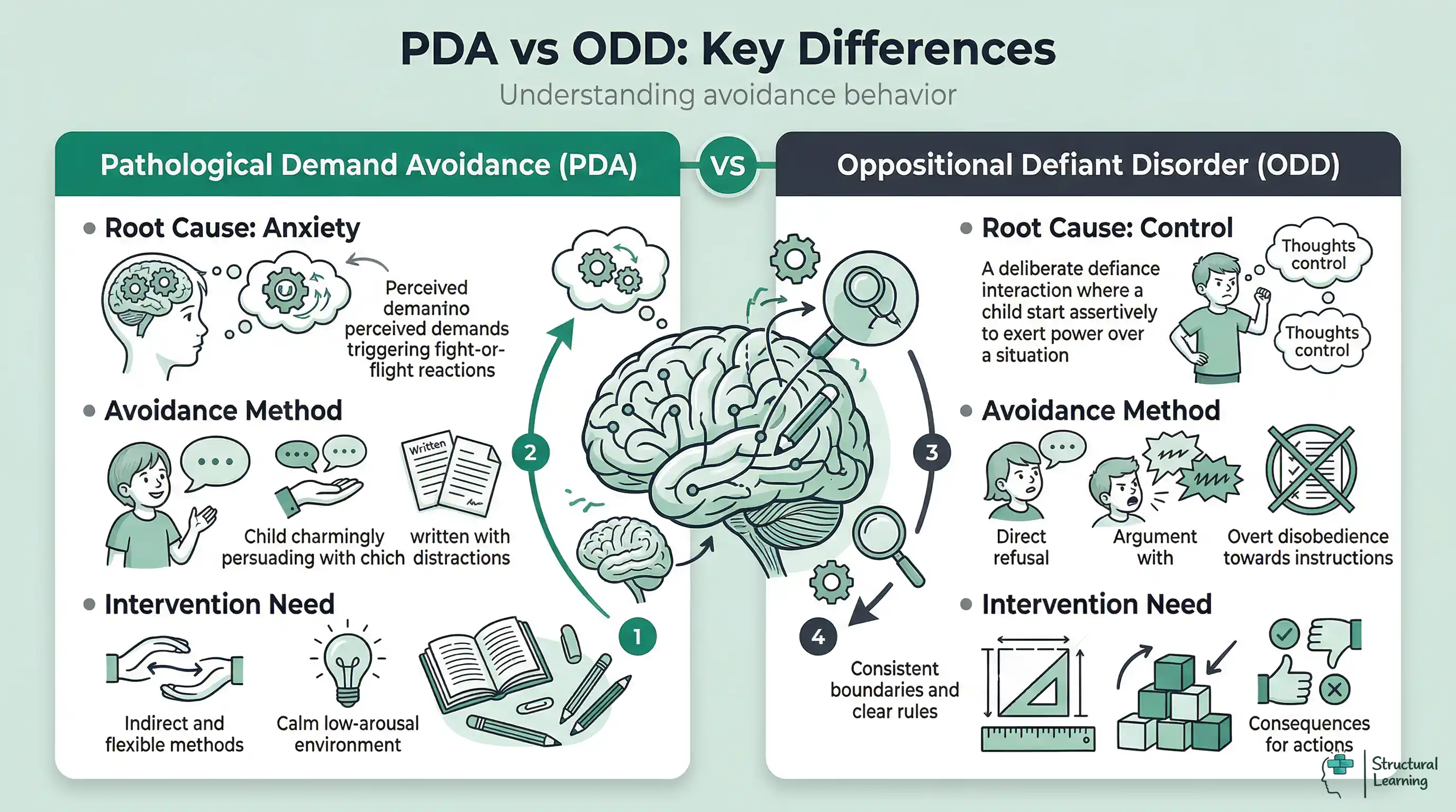 Comparison infographic showing key differences between Pathological Demand Avoidance (PDA) and Oppositional Defiant Disorder (ODD) for teachers.