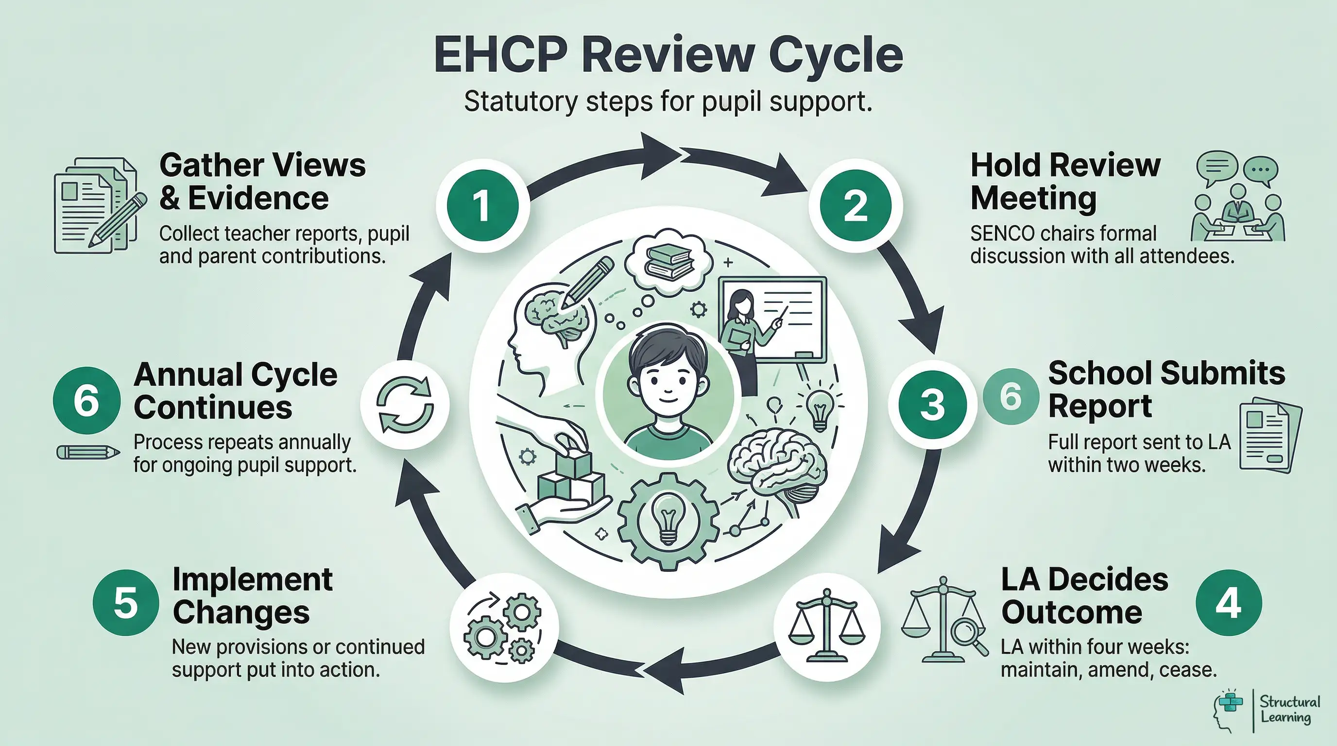 Infographic showing the 6-step annual review cycle for Education, Health and Care Plans (EHCPs), from gathering evidence to LA decision and implementation.