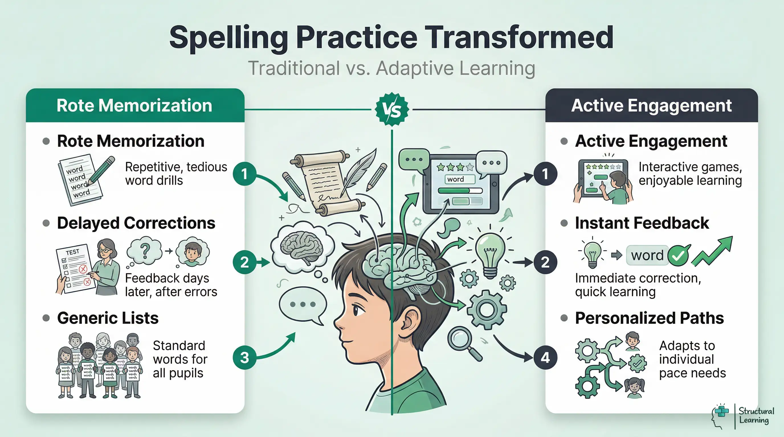 Infographic comparing traditional spelling practice (rote, delayed feedback, generic) with SpellingFrame's adaptive learning (active, instant feedback, personalized).