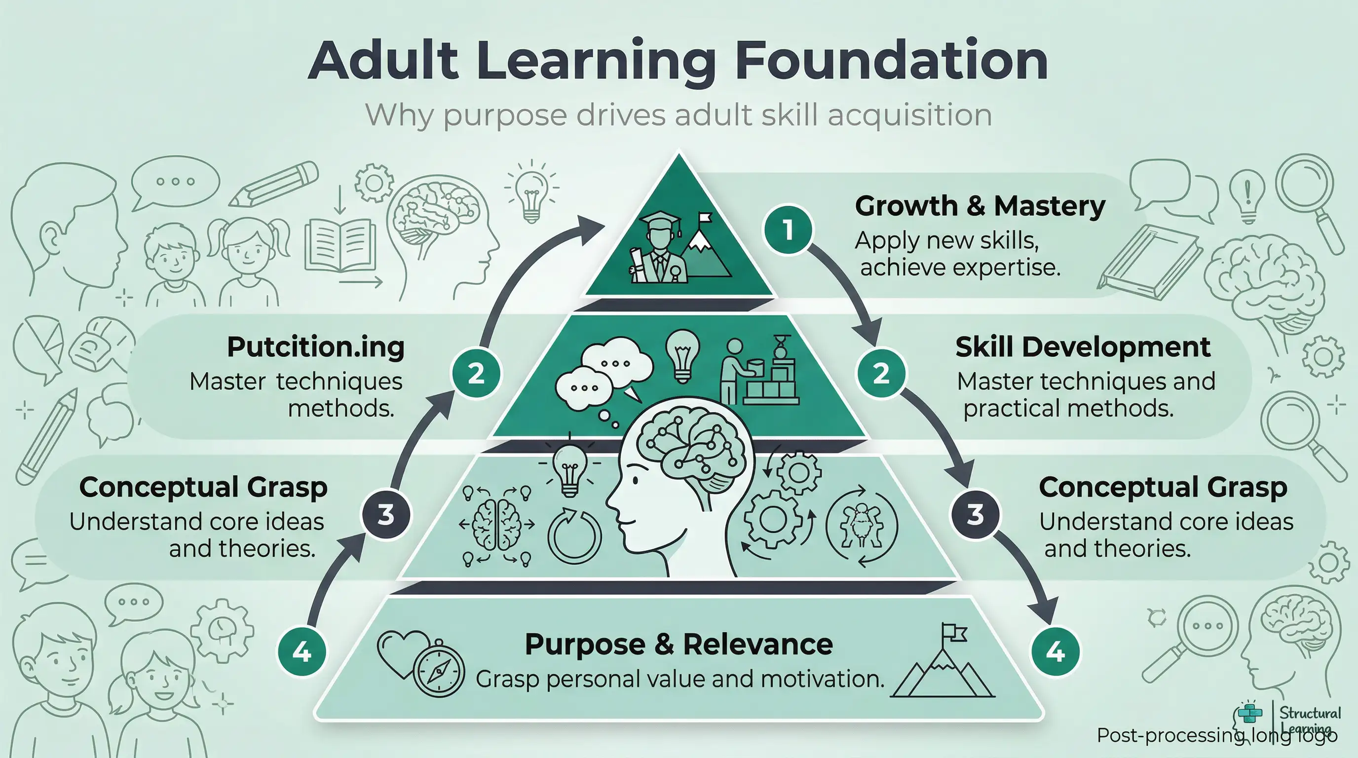 A pyramid infographic showing the foundational layers of adult learning, starting with purpose and relevance at the base, leading up to growth and mastery at the apex.