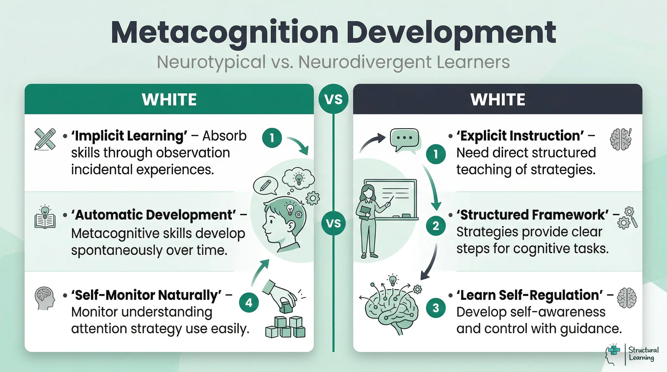 Comparison of how neurotypical and neurodivergent students develop metacognitive skills, highlighting implicit vs. explicit learning paths.