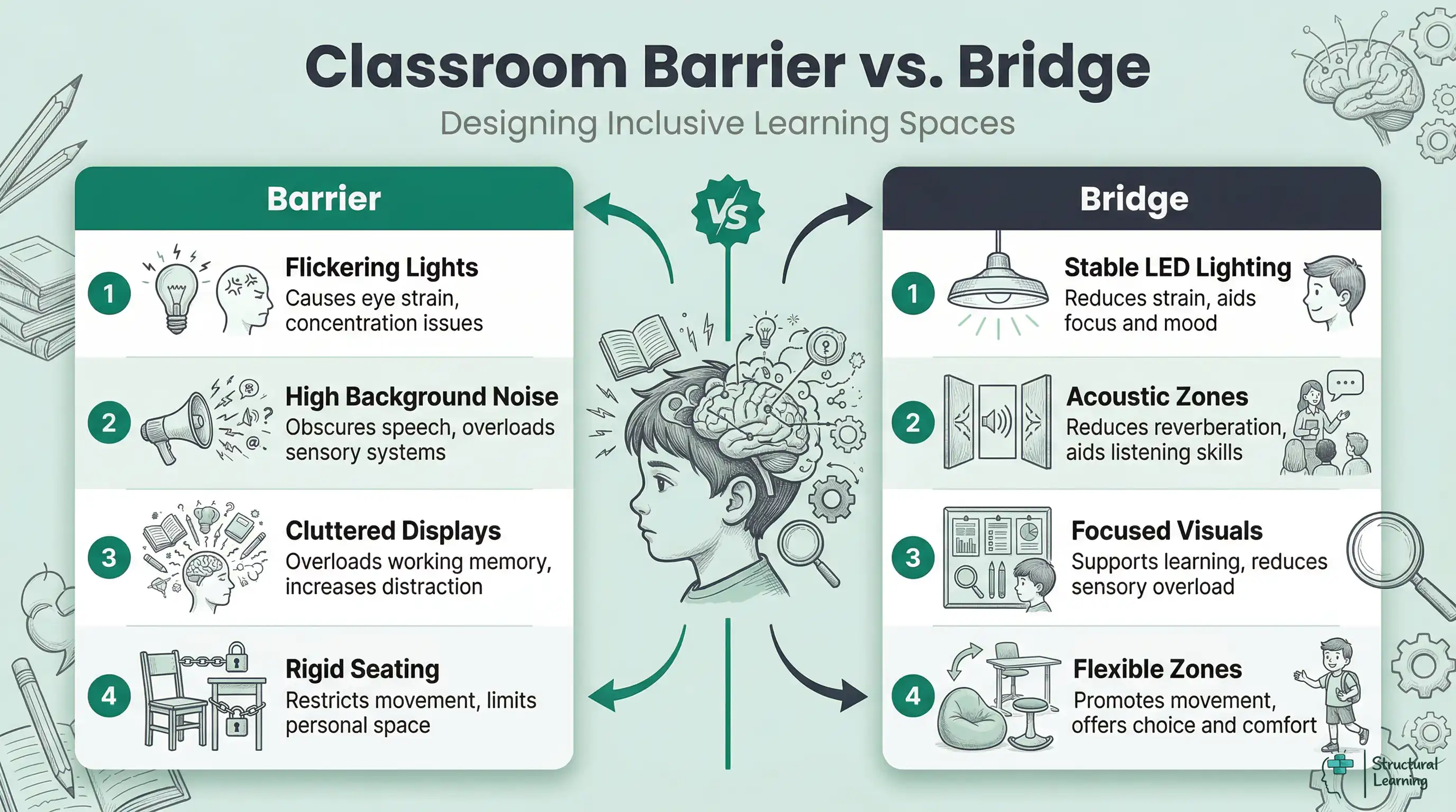 Infographic contrasting common classroom barriers like flickering lights, noise, clutter, and rigid seating with inclusive bridges such as LED lighting, acoustic zones, focussed visuals, and flexible layouts, highlighting their impact on SEND learners.