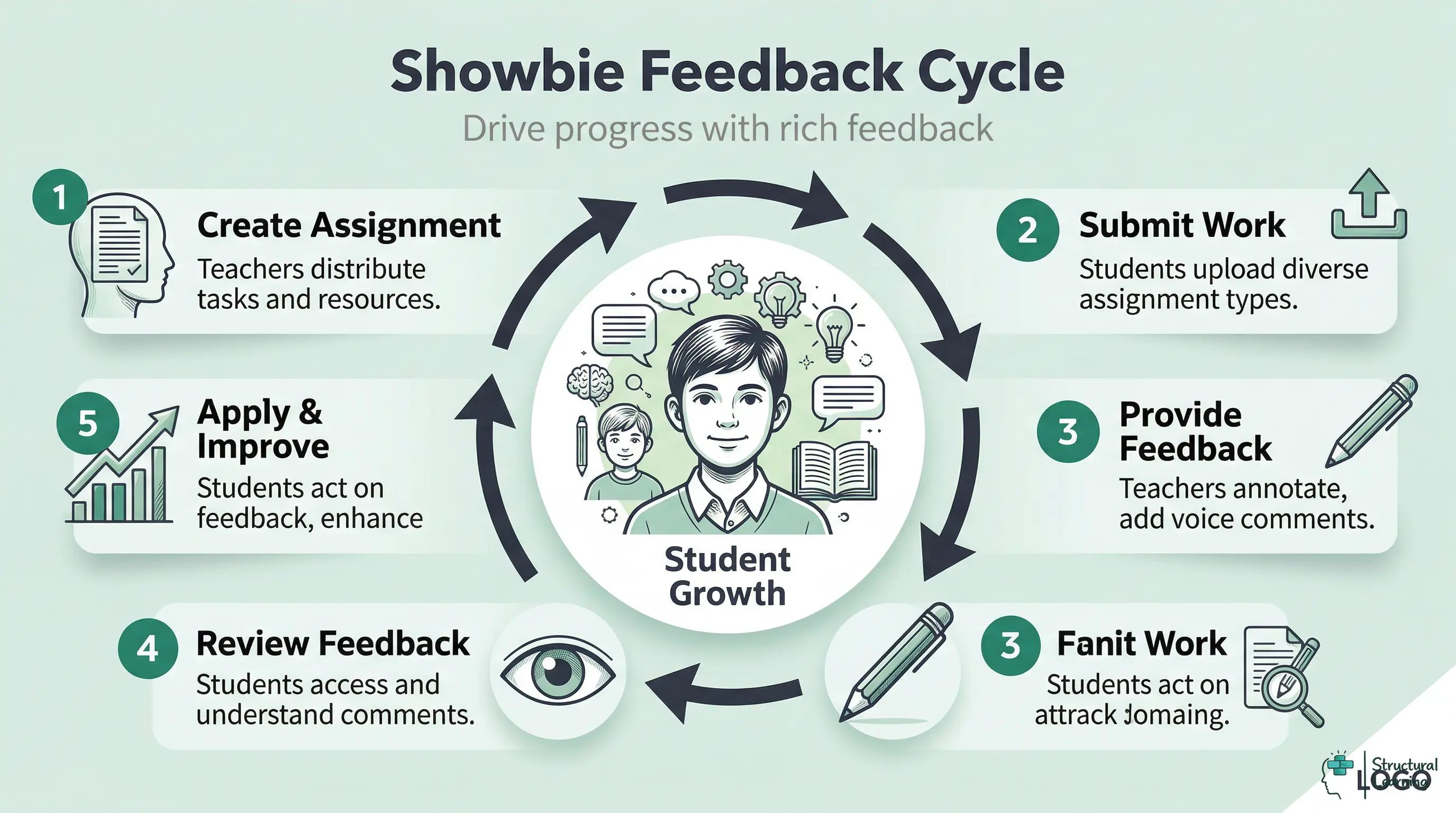 Infographic illustrating the 5-step Showbie Feedback Cycle for student <a href=