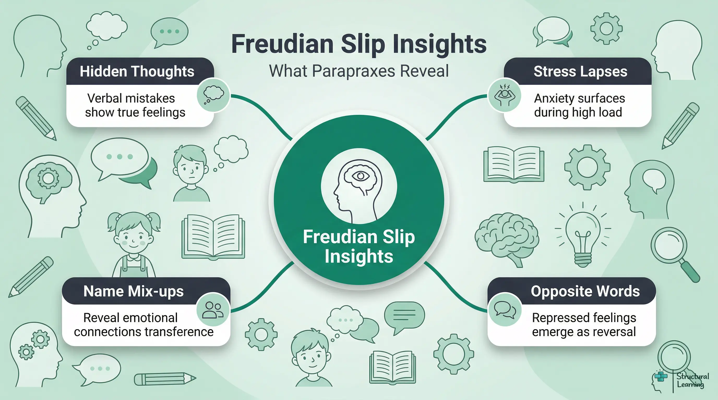 Mindmap showing Freudian slip insights, detailing how unconscious thoughts reveal through verbal mistakes, stress lapses, name mix-ups, and opposite word usage.